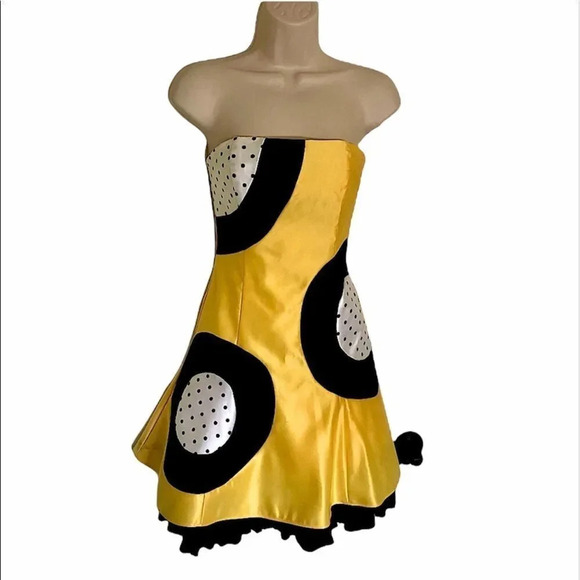 GUNNE Sax vintage bright yellow geometric disco mod polkadot dress XS - Picture 2 of 15